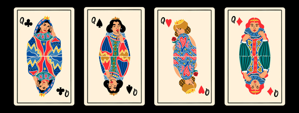 Queens of diamonds, clubs, hearts, spades. Playing cards. Gambling, poker concept. Cartoon style. Hand drawn modern Vector illustration. Poster, t-shirt print, logo, deck design templates