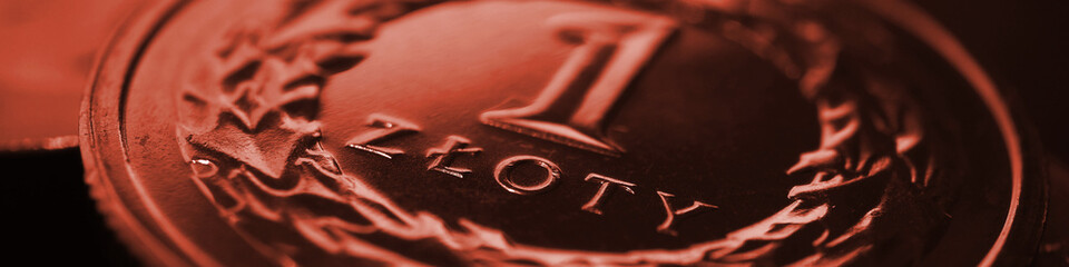 Translation: 1 zloty. Polish one zloty coin close-up. National currency and money of Poland. Dark red tinted banner or header for news about economy or finance. Macro