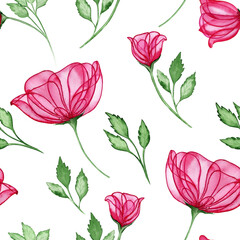 Fototapeta premium Transparent pink roses watercolor seamless pattern. Hand drawn buds and blooming flowers with leaves on an isolated background. For fabric and wallpaper. Gift wrapping and wedding print.