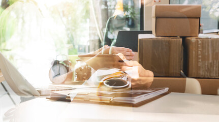 Portrait of Starting small businesses SME owners, two Asian woman check online orders Selling products working with boxs freelance work at home office, sme business online small medium enterprise