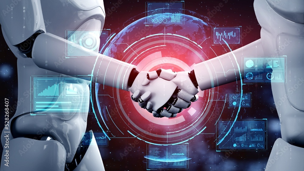 Poster 3d rendering hominoid robot handshake to collaborate future technology development by ai thinking br