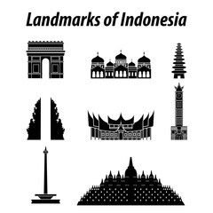 Bundle of Indonesia famous landmarks by silhouette style,vector illustration