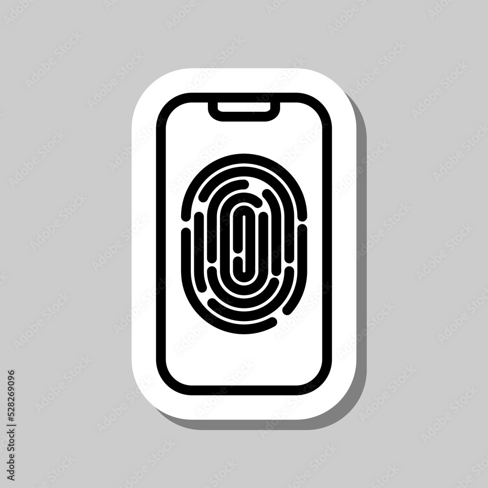Poster mobile phone with fingerprint simple icon vector. flat design. sticker with shadow on gray backgroun