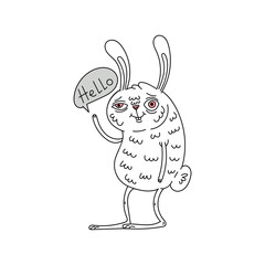 Cute white cartoon rabbit  bunny with hello speech bubble on white background. 