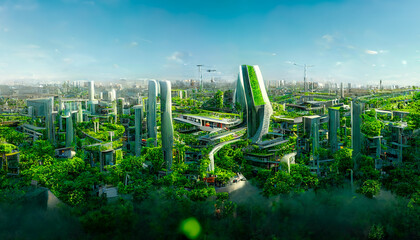 Spectacular eco-futuristic cityscape ESG concept full with greenery, skyscrapers, parks, and other manmade green spaces in urban area. Green garden in modern city. Digital art 3D illustration. - obrazy, fototapety, plakaty