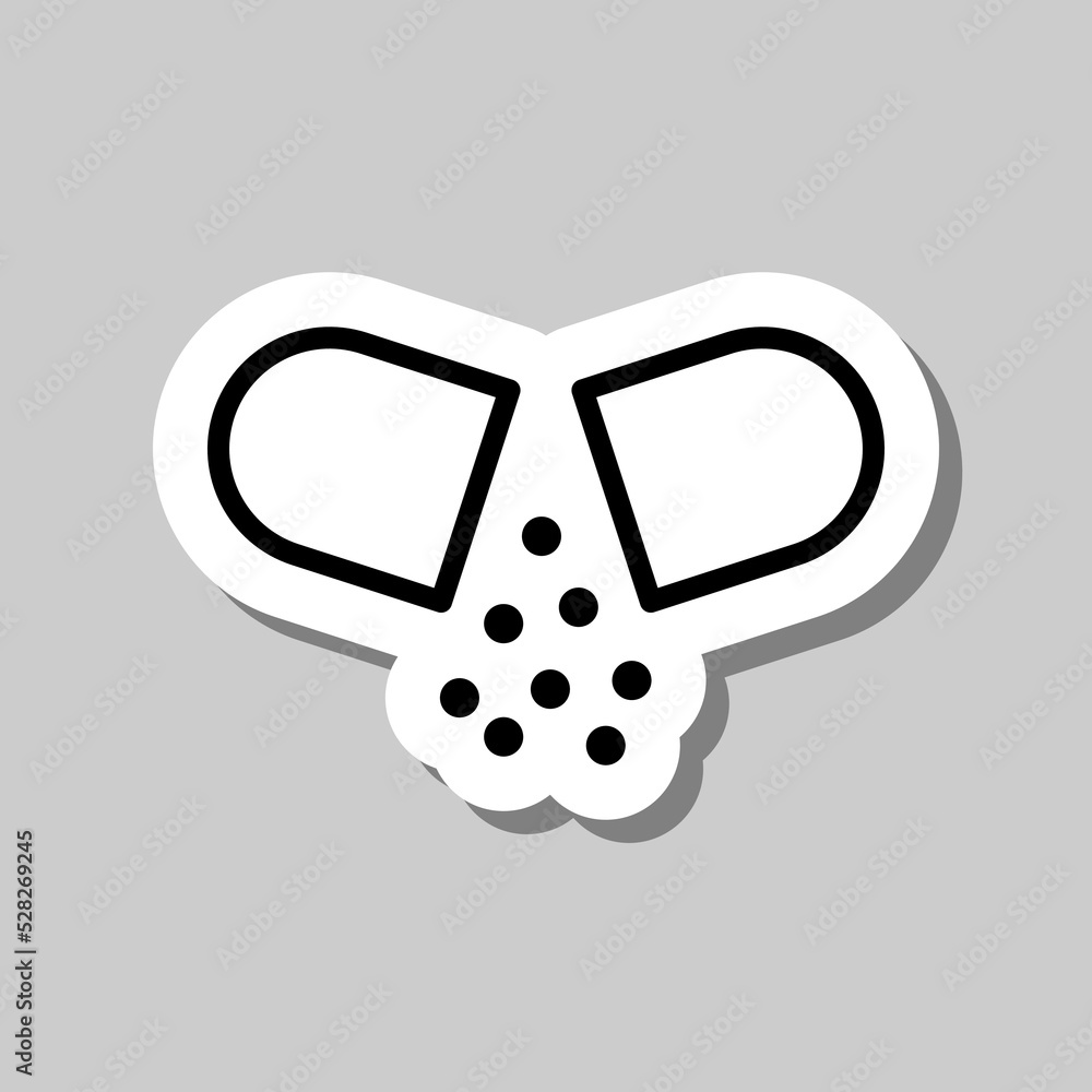 Poster open pill simple icon vector. flat design. sticker with shadow on gray background.ai