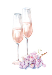 Two glasses of champagne and fresh pink grapes. Watercolor hand drawn illustration isolated on white background.