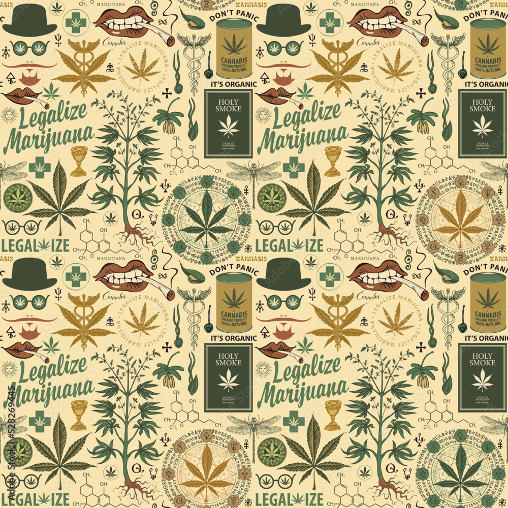 Poster vector seamless pattern in retro style on the theme of marijuana legalization. repeatable background