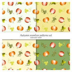 Set of seamless patterns with pumpkins. Watercolor vector.