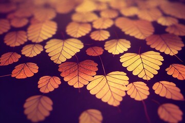 Fototapeta premium A close up computer illustration of heart shaped dead brown and orange autumn leaves against a dark background. A.I. generated art.