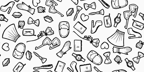 Women goods in glamorous boutique. Seamless pattern. Shop for girls. Fashion clothes, cosmetics and accessories. Outline hand drawn sketch. Drawing with ink. Isolated on white background. Vector.