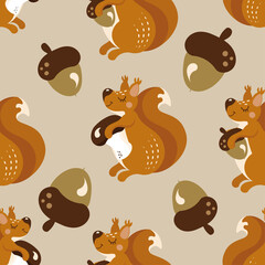 An autumn pattern with a cute squirrel character, acorns and mushrooms found by a red squirrel, a nursery fall theme background  