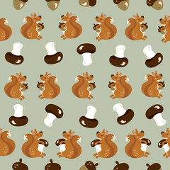 An autumn pattern with a cute squirrel character, acorns and mushrooms, a nursery fall theme background