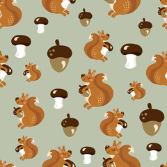 An autumn pattern with a cute red squirrel character, acorns and mushrooms, a nursery fall theme background