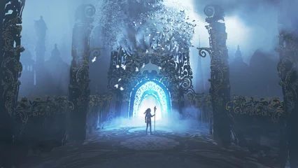 Photo sur Plexiglas Grand échec homme avec lance debout devant le couloir menant au château mystérieux, style d& 39 art numérique, peinture d& 39 illustration