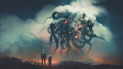 de futuristische man die staat en tegenover de tentakelrobot staat, digitale kunststijl, illustratie, schilderkunst