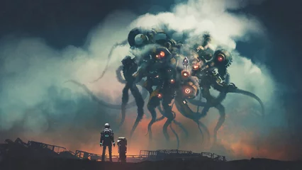 Poster de futuristische man die staat en tegenover de tentakelrobot staat, digitale kunststijl, illustratie, schilderkunst © grandfailure