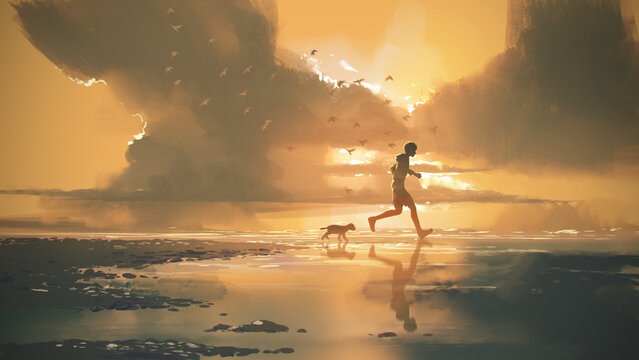 Fototapeta Man and puppy jogging on the beach at sunset, digital art style, illustration painting