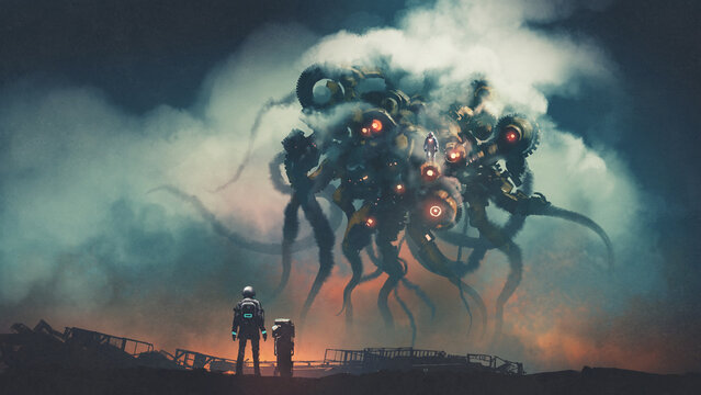 the futuristic man standing and facing the tentacle robot, digital art style, illustration painting
