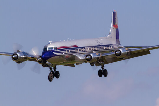 The famous and beautiful Douglas DC-6 oldtimer airliner from the Flying Bulls fleet coming in for landing in Zeltweg, Austria