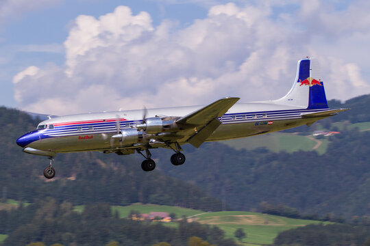 The famous and beautiful Douglas DC-6 oldtimer airliner from the Flying Bulls fleet coming in for landing in Zeltweg, Austria