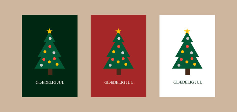 Julekort med juletr&aelig;, Gl&aelig;delig jul / Merry christmas greeting cards with christmas tree. Modern and simple Xmas winter holiday card template.