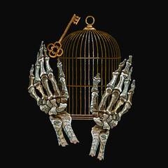 Gothic embroidery. Skeleton hands, golden key and bird cage  . Romantic dark medieaval background. Freedom and captivity concept. Template for clothes, textiles, t-shirt design - 528272830