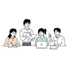 Outline character of men and women in business meeting, negotiation, brainstorming, talking to each other. Teamwork for success concept vector illustrations.