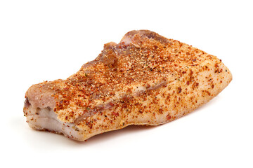 Smoked pork lard with garlic and spices, isolated on white background.