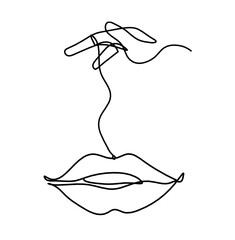 Woman lips with hand as line drawing picture on white