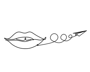 Woman lips with paper plane as line drawing picture on white
