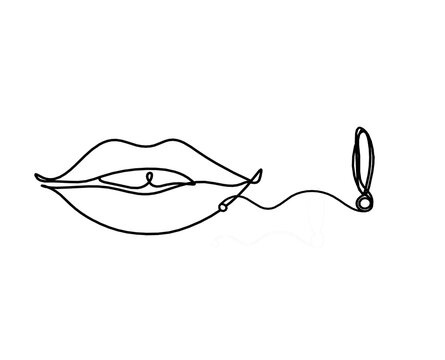 Woman lips with exclamation mark as line drawing picture on white