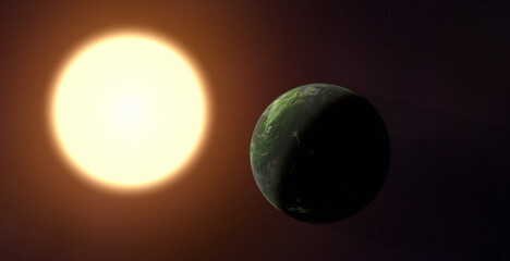 Sun and alien Planet background. 3D Rendering 