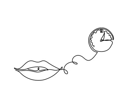 Woman lips with clock as line drawing picture on white