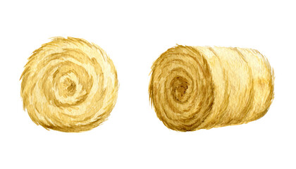 Straw roll watercolor illustration set. Hand drawn haystack element. Hay roll for feeding farm animals. Harvesting dry grass in role bale. White background