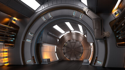Futuristic science fiction space ship corridor with round doorway. 3D illustration.