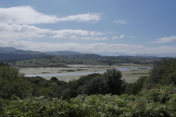 Fototapeta na wymiar Petite rivière espagnole, dans les environs d'un beau village de Galice, avec marais, marécage, de loin, vue en hauteur