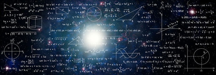 Obraz premium Illustration of basic physics and mathematics formulas and galaxy in universe. Banner design