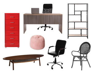 Collection of different stylish furniture on white background