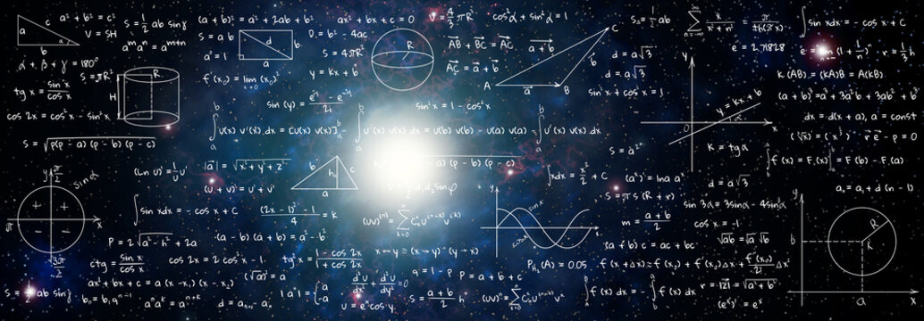 Illustration of basic physics and mathematics formulas and galaxy in universe. Banner design
