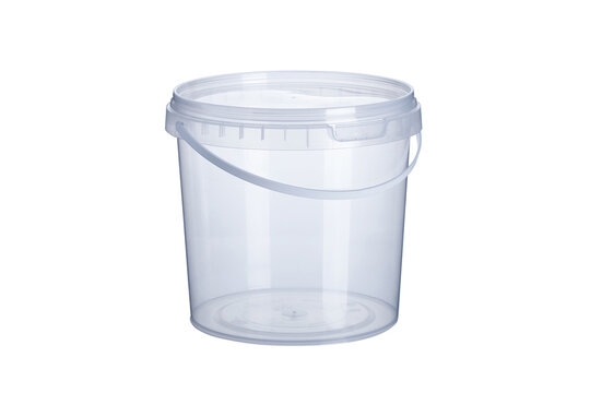 Transparent plastic bucket with transparent lid - 2200 ml, plastic containers on white background , food plastic box isolated on white , product packaging for foodstuff or paints , adhesives , primers