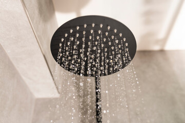 shower head with the water open in the bathroom. Water expense. water resources.