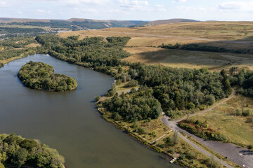 Obraz premium Aerial view of lakes and ponds in Gwent, South Wales, United Kingdom