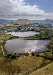 Aerial view of lakes and ponds in Gwent, South Wales, United Kingdom