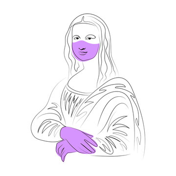 Mona Lisa line art, color spot, covid, mask, quarantine, abstraction, blue, pink, purple