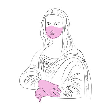 Mona Lisa line art, color spot, covid, mask, quarantine, abstraction, blue, pink, purple