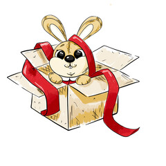 rabbit with gift box. Christmas Rabbit New Year's Symbol 2023