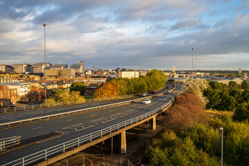 Gateshead UK: 3rd Oct 2021: The A167 flyover in Gateshead city centre skyline in autumn with nice warm sunlight