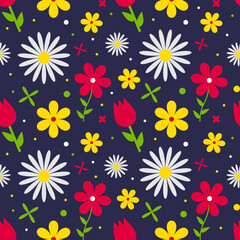 Seamless floral pattern on dark blue background. Bright primitivism and modern style.