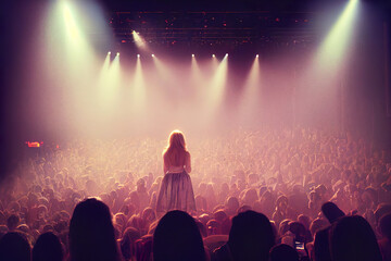 girl standing in the concert, crowd at the background, stage lights, 3d render, 3d illustration